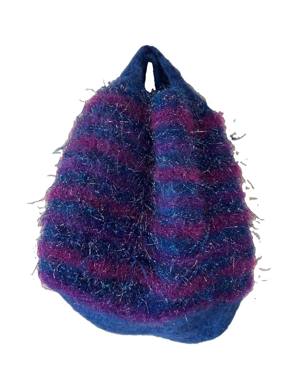 Y2K Handmade Felted Wool Purse Fuzzy Eyelash Yarn Blue Purple Striped Tote Bag